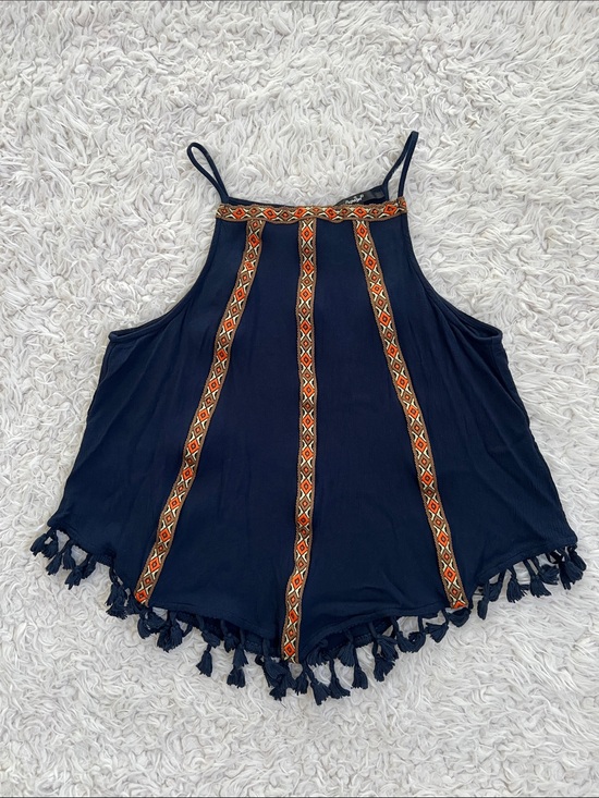 Papaya Tops - Papaya Tank Top Boho Blue Tassles Summer Size Medium